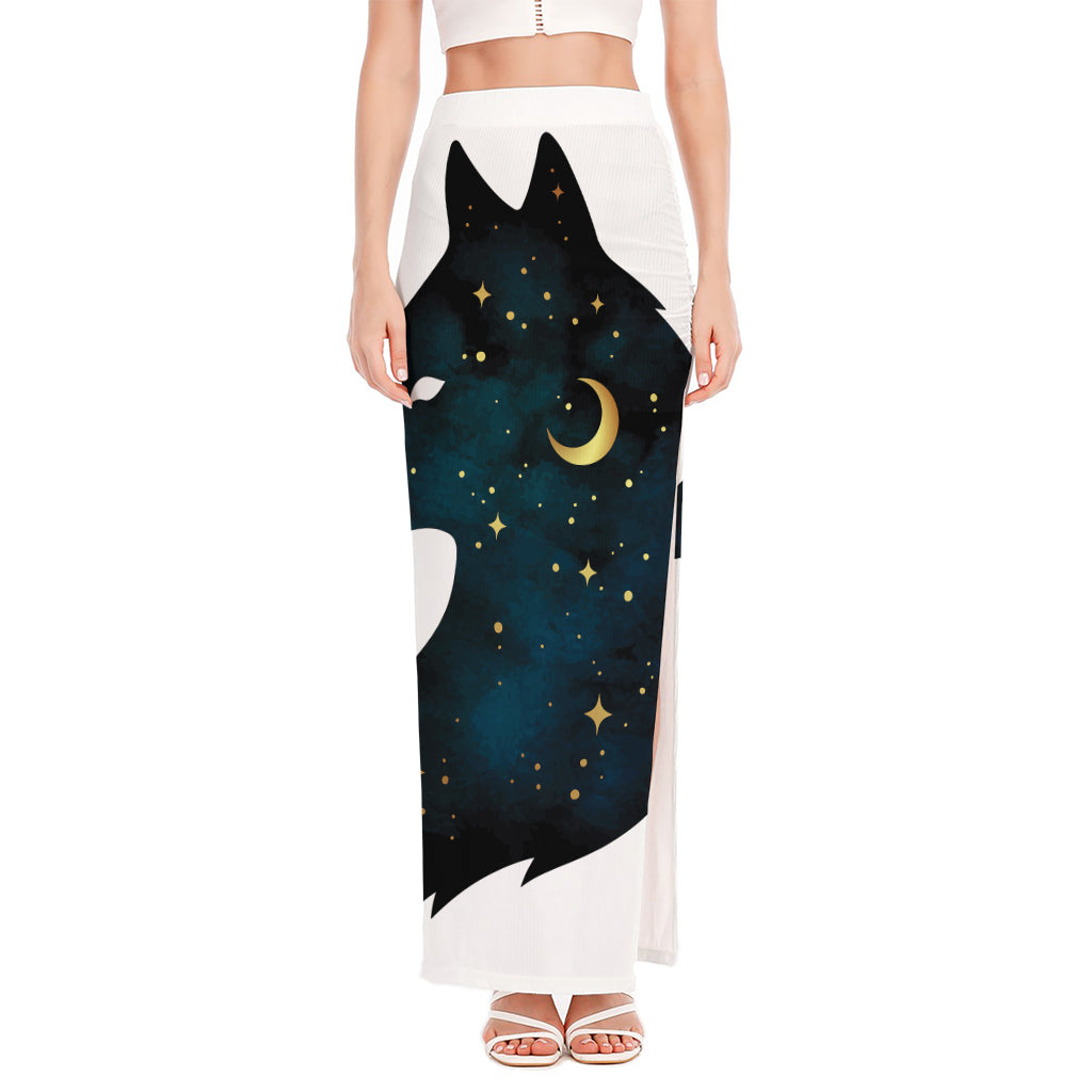 Moon And Stars Wolf Spirit Print High Slit Maxi Skirt