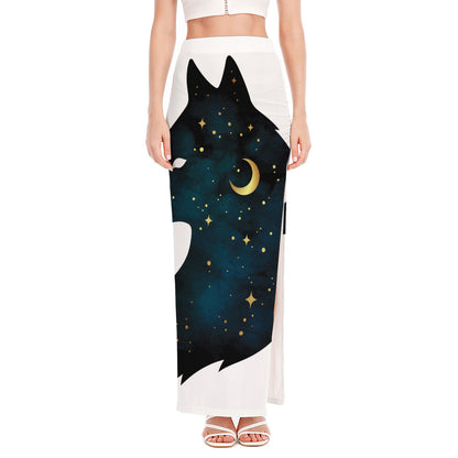 Moon And Stars Wolf Spirit Print High Slit Maxi Skirt