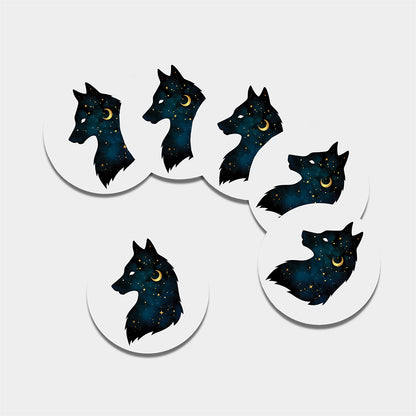 Moon And Stars Wolf Spirit Print Leather Coaster Set