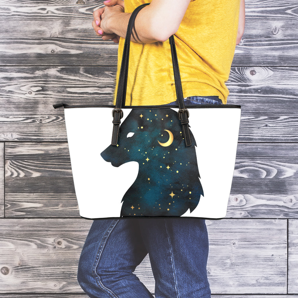 Moon And Stars Wolf Spirit Print Leather Tote Bag