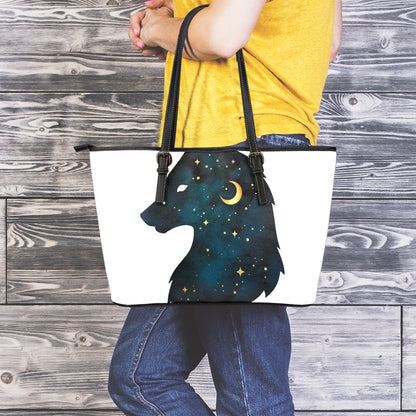 Moon And Stars Wolf Spirit Print Leather Tote Bag