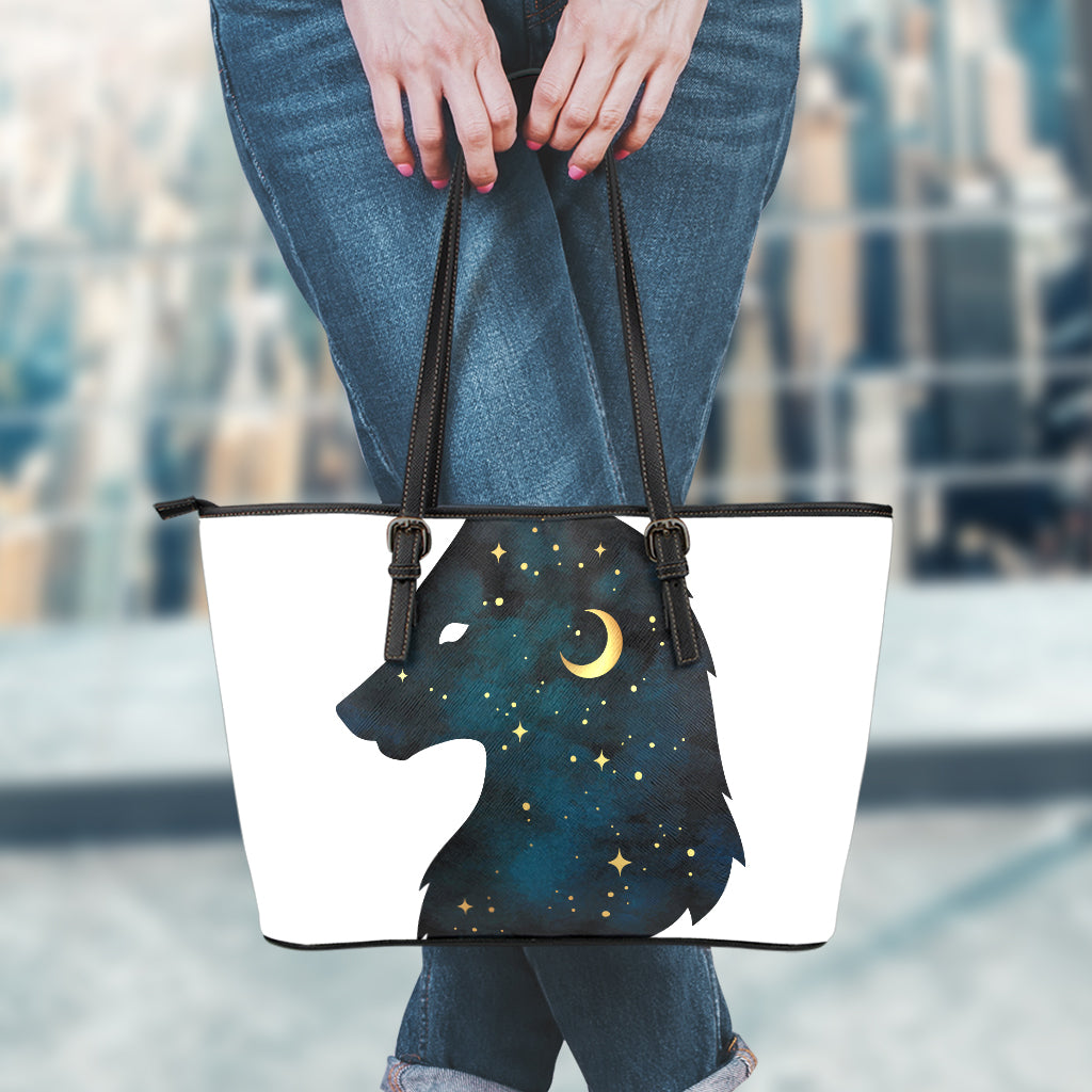 Moon And Stars Wolf Spirit Print Leather Tote Bag
