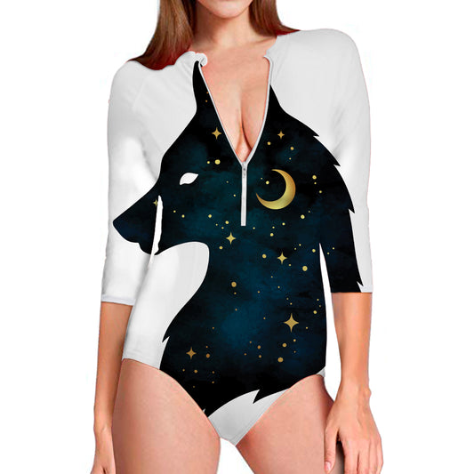 Moon And Stars Wolf Spirit Print Long Sleeve Swimsuit