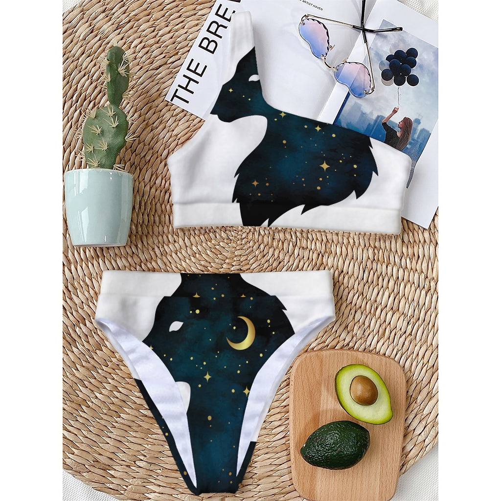Moon And Stars Wolf Spirit Print One Shoulder Bikini Top