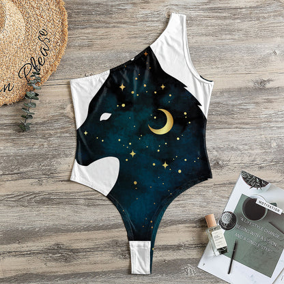 Moon And Stars Wolf Spirit Print One Shoulder Bodysuit