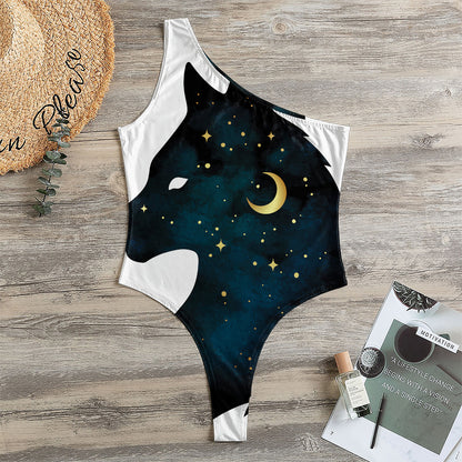 Moon And Stars Wolf Spirit Print One Shoulder Bodysuit