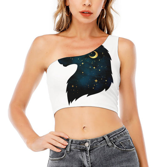 Moon And Stars Wolf Spirit Print One Shoulder Crop Top