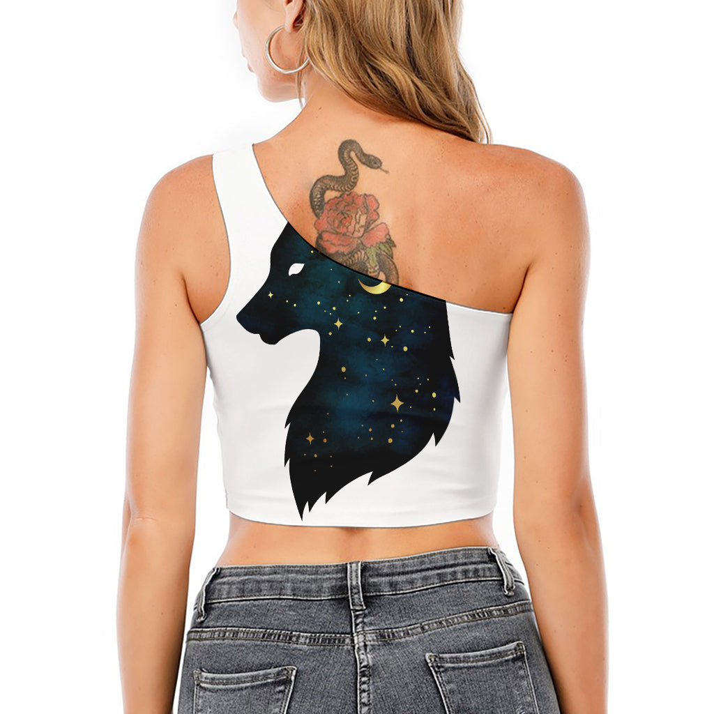 Moon And Stars Wolf Spirit Print One Shoulder Crop Top