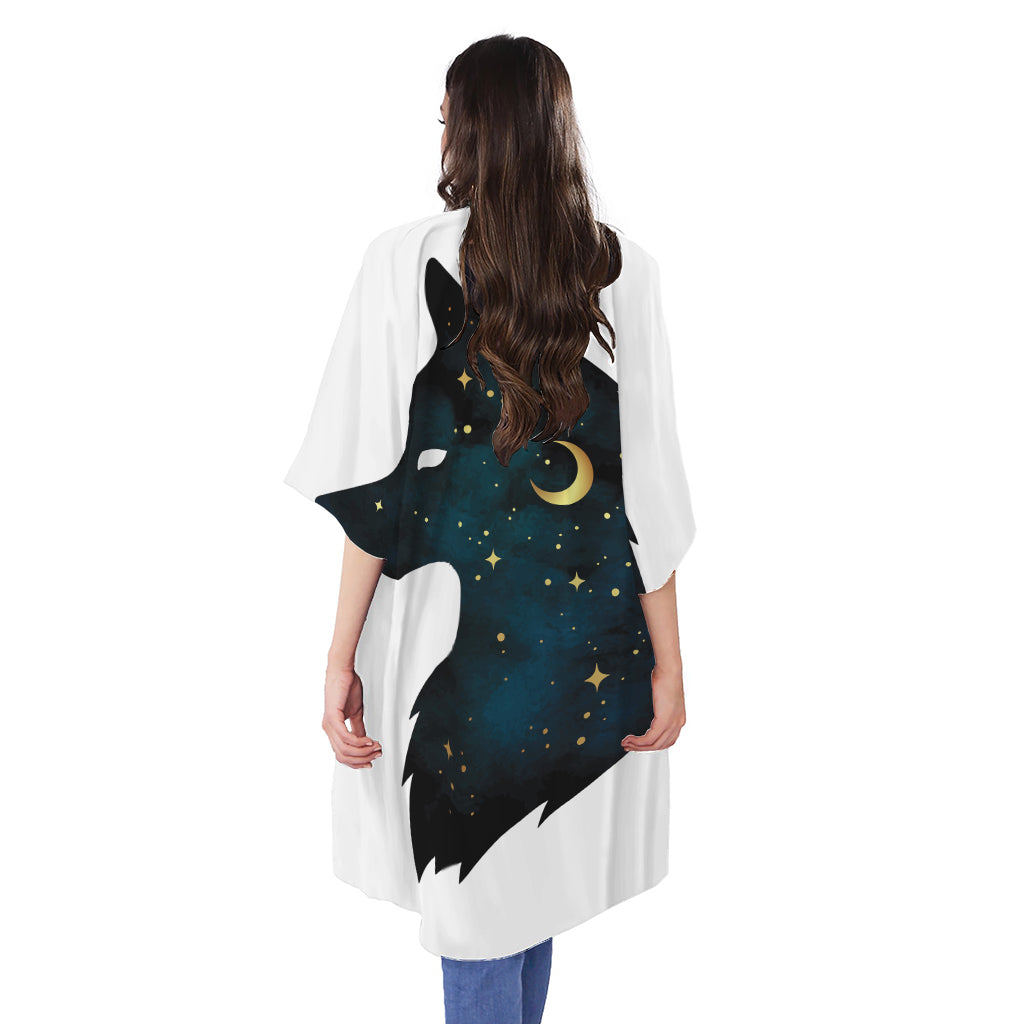 Moon And Stars Wolf Spirit Print Open Front Beach Cover Up