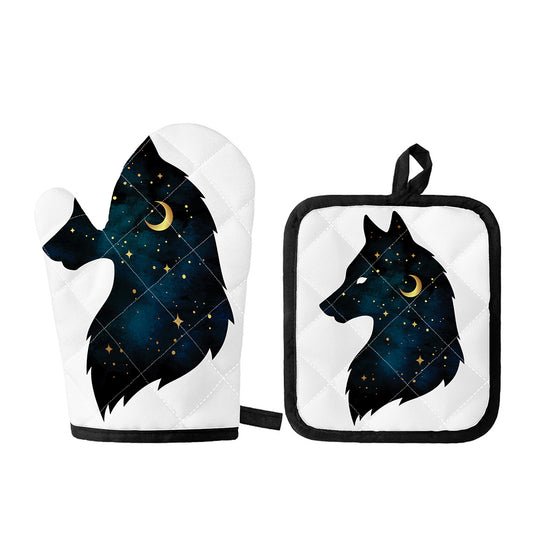 Moon And Stars Wolf Spirit Print Oven Mitt And Pot Holder Set