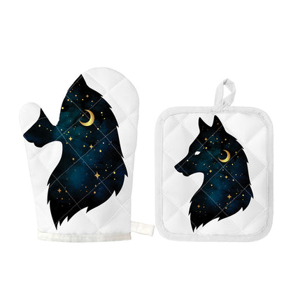 Moon And Stars Wolf Spirit Print Oven Mitt And Pot Holder Set