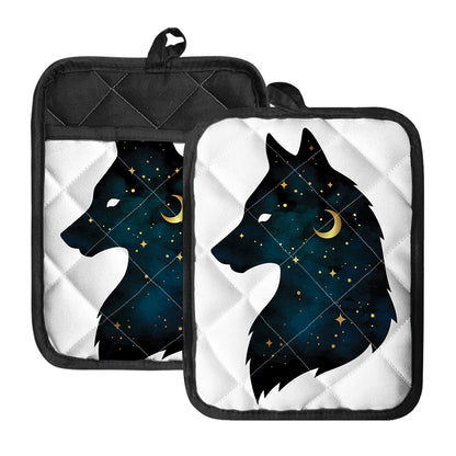 Moon And Stars Wolf Spirit Print Pot Holders With Pocket