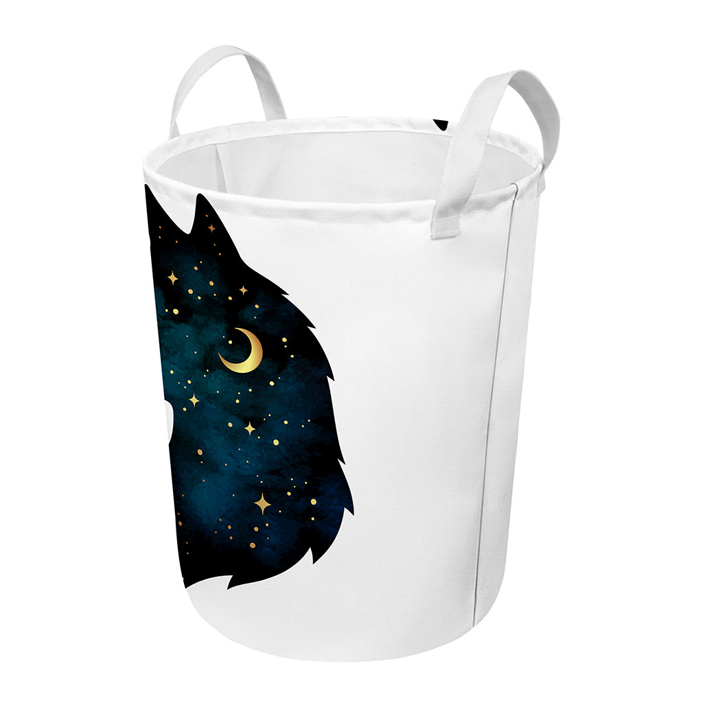 Moon And Stars Wolf Spirit Print Round Laundry Basket