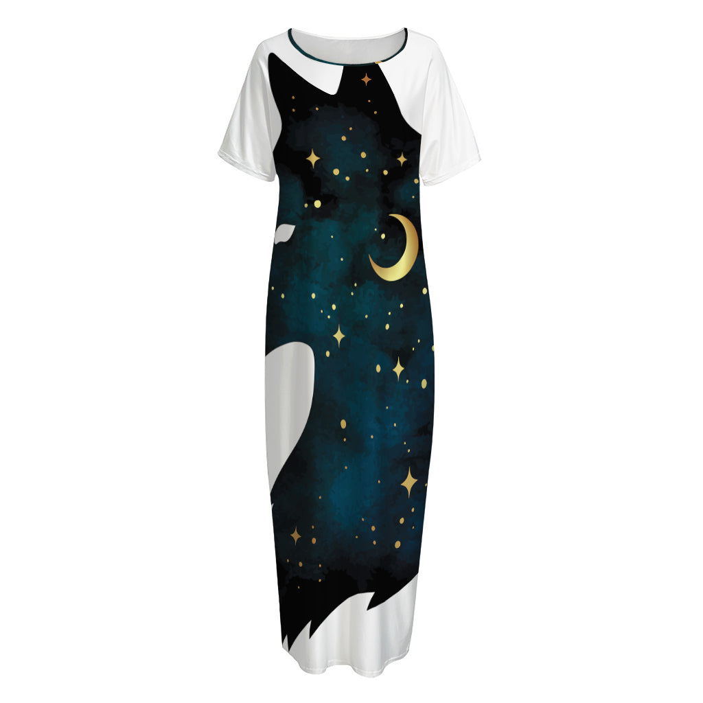 Moon And Stars Wolf Spirit Print Short Sleeve Long Nightdress