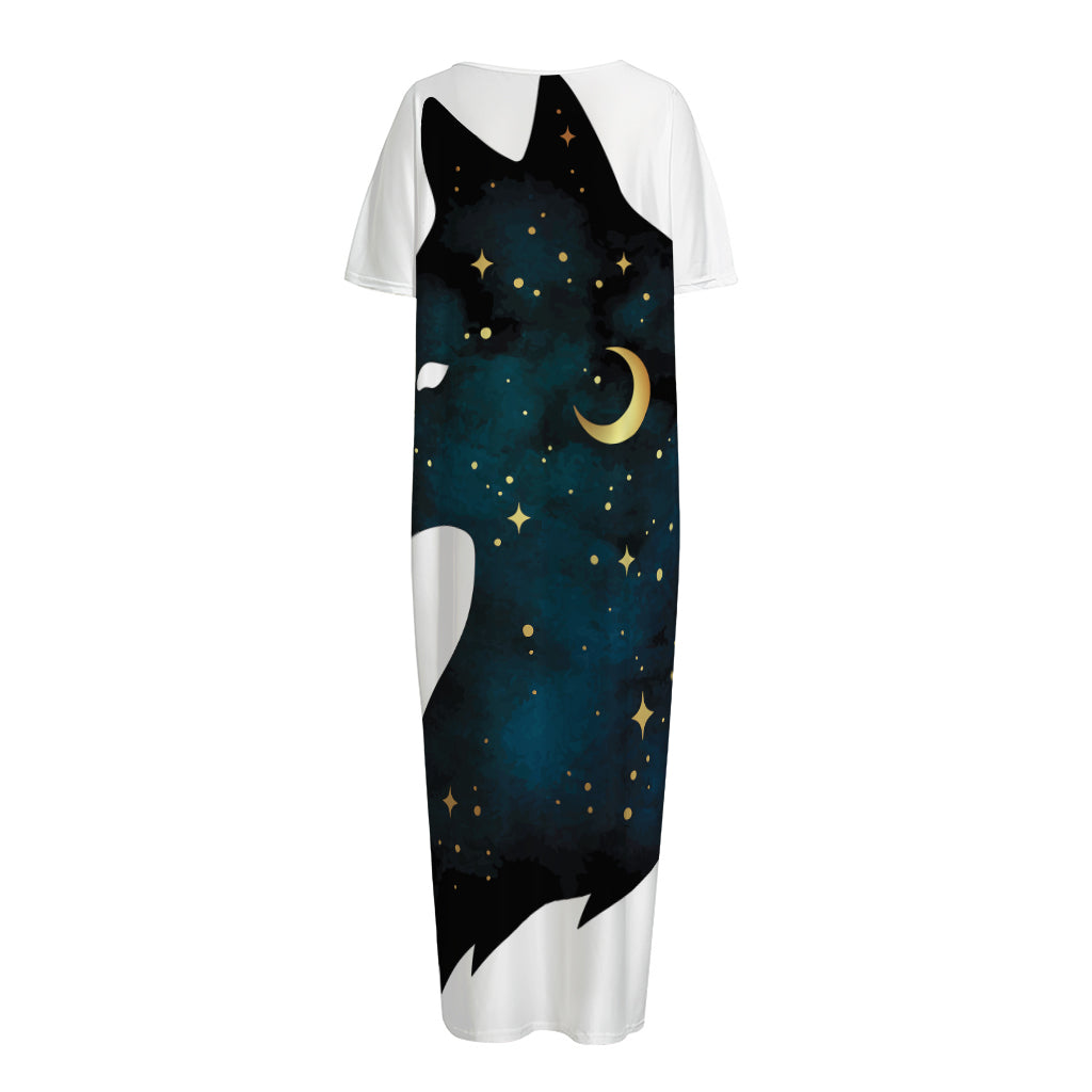 Moon And Stars Wolf Spirit Print Short Sleeve Long Nightdress