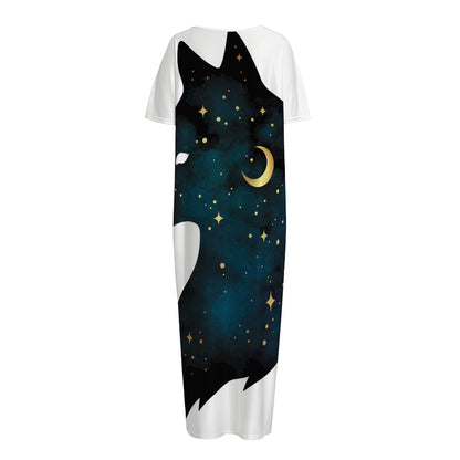 Moon And Stars Wolf Spirit Print Short Sleeve Long Nightdress