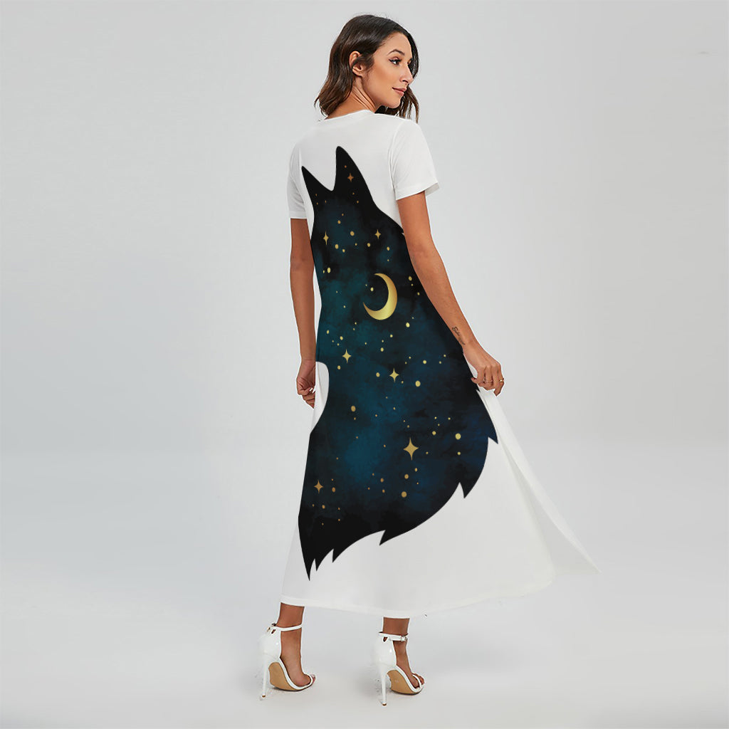 Moon And Stars Wolf Spirit Print Short Sleeve Maxi Dress