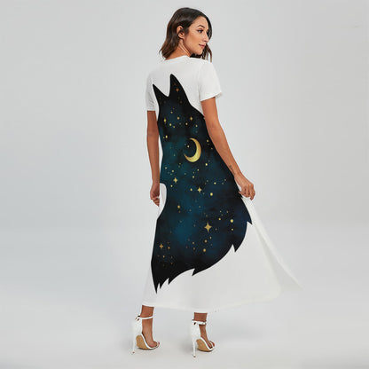 Moon And Stars Wolf Spirit Print Short Sleeve Maxi Dress