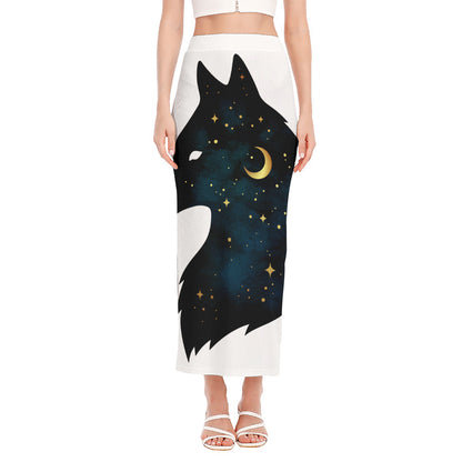 Moon And Stars Wolf Spirit Print Side Slit Maxi Skirt