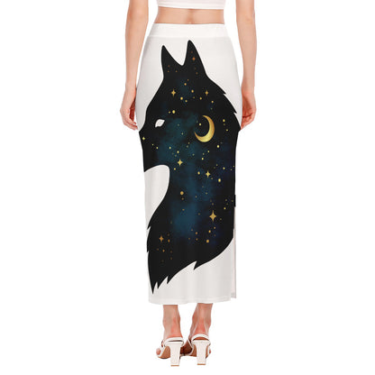 Moon And Stars Wolf Spirit Print Side Slit Maxi Skirt