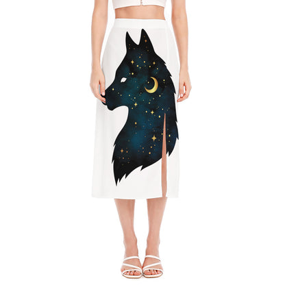 Moon And Stars Wolf Spirit Print Side Slit Midi Skirt