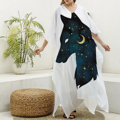 Moon And Stars Wolf Spirit Print Silk V-Neck Kaftan Dress