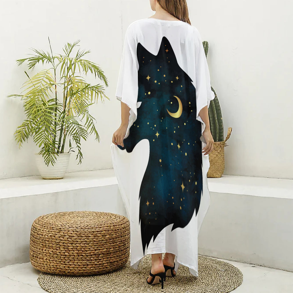 Moon And Stars Wolf Spirit Print Silk V-Neck Kaftan Dress