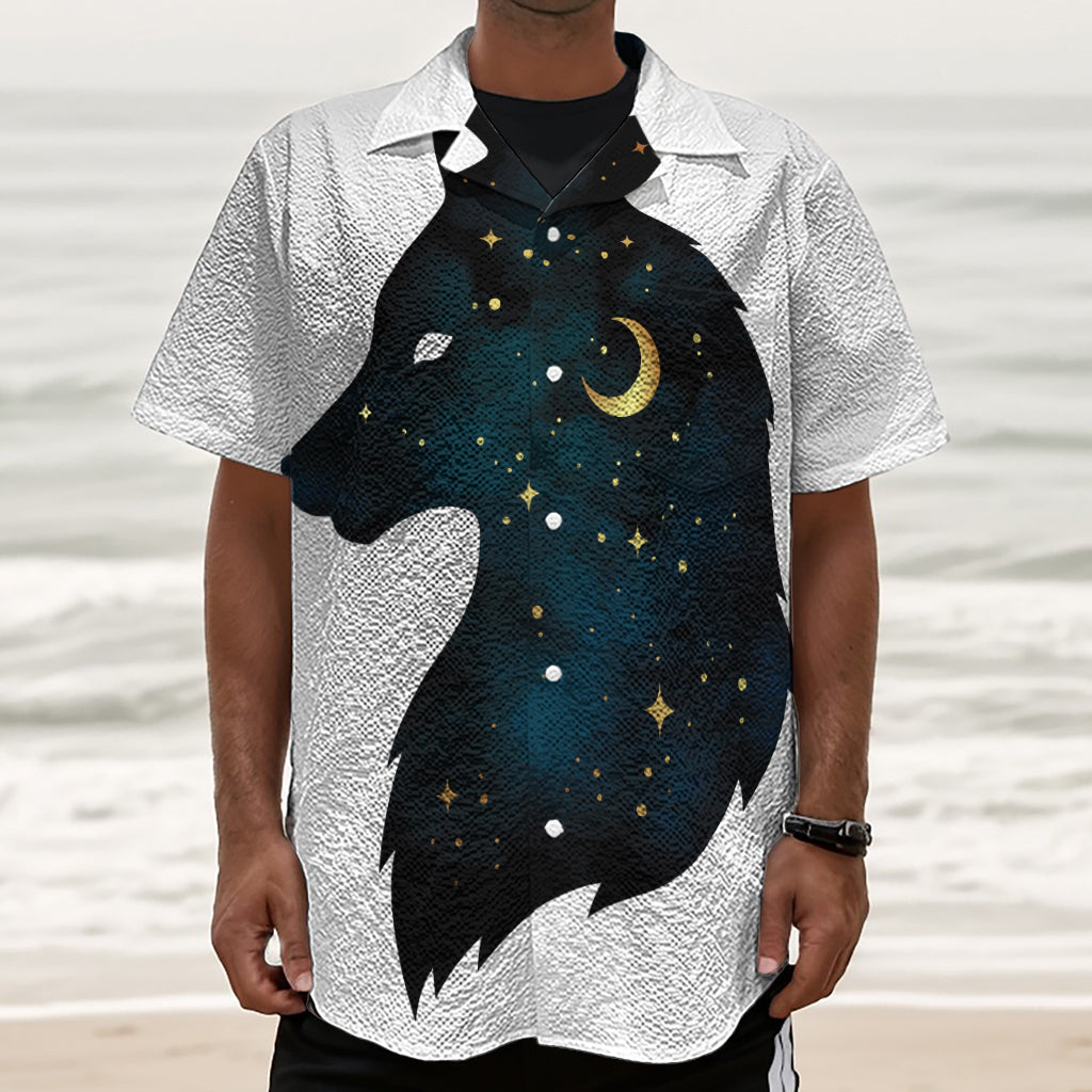 Moon And Stars Wolf Spirit Print Textured Short Sleeve Shirt