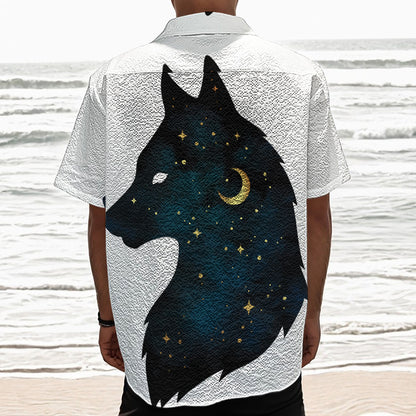 Moon And Stars Wolf Spirit Print Textured Short Sleeve Shirt