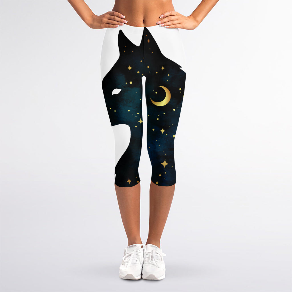 Moon And Stars Wolf Spirit Print Women's Capri Leggings