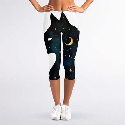 Moon And Stars Wolf Spirit Print Women's Capri Leggings