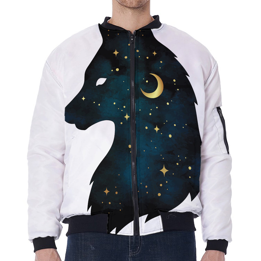 Moon And Stars Wolf Spirit Print Zip Sleeve Bomber Jacket