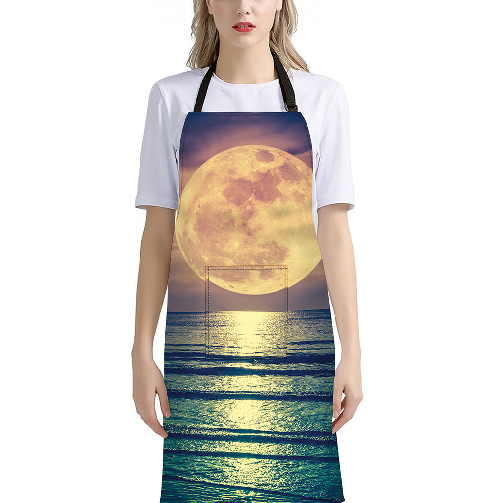 Moon Beach Print Bib Apron With Pocket