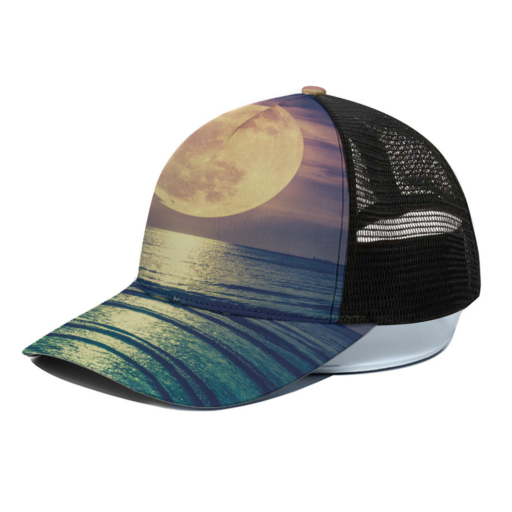 Moon Beach Print Black Mesh Trucker Cap