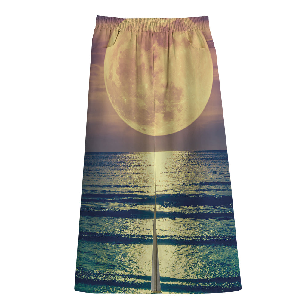 Moon Beach Print Cotton Front Slit Maxi Skirt
