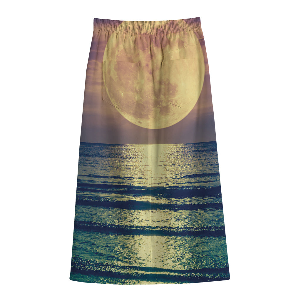 Moon Beach Print Cotton Front Slit Maxi Skirt