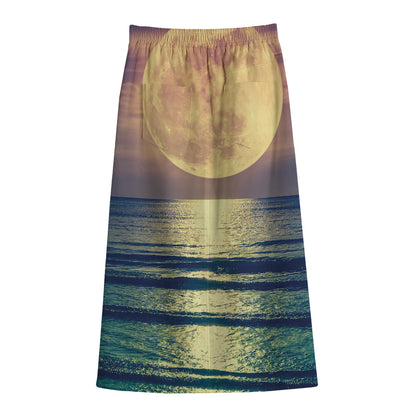 Moon Beach Print Cotton Front Slit Maxi Skirt