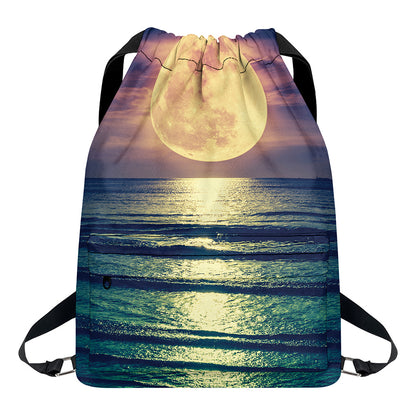 Moon Beach Print Drawstring Backpack