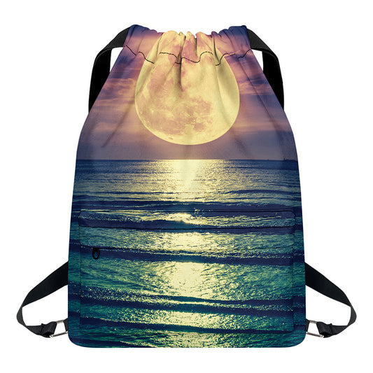 Moon Beach Print Drawstring Backpack