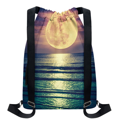 Moon Beach Print Drawstring Backpack