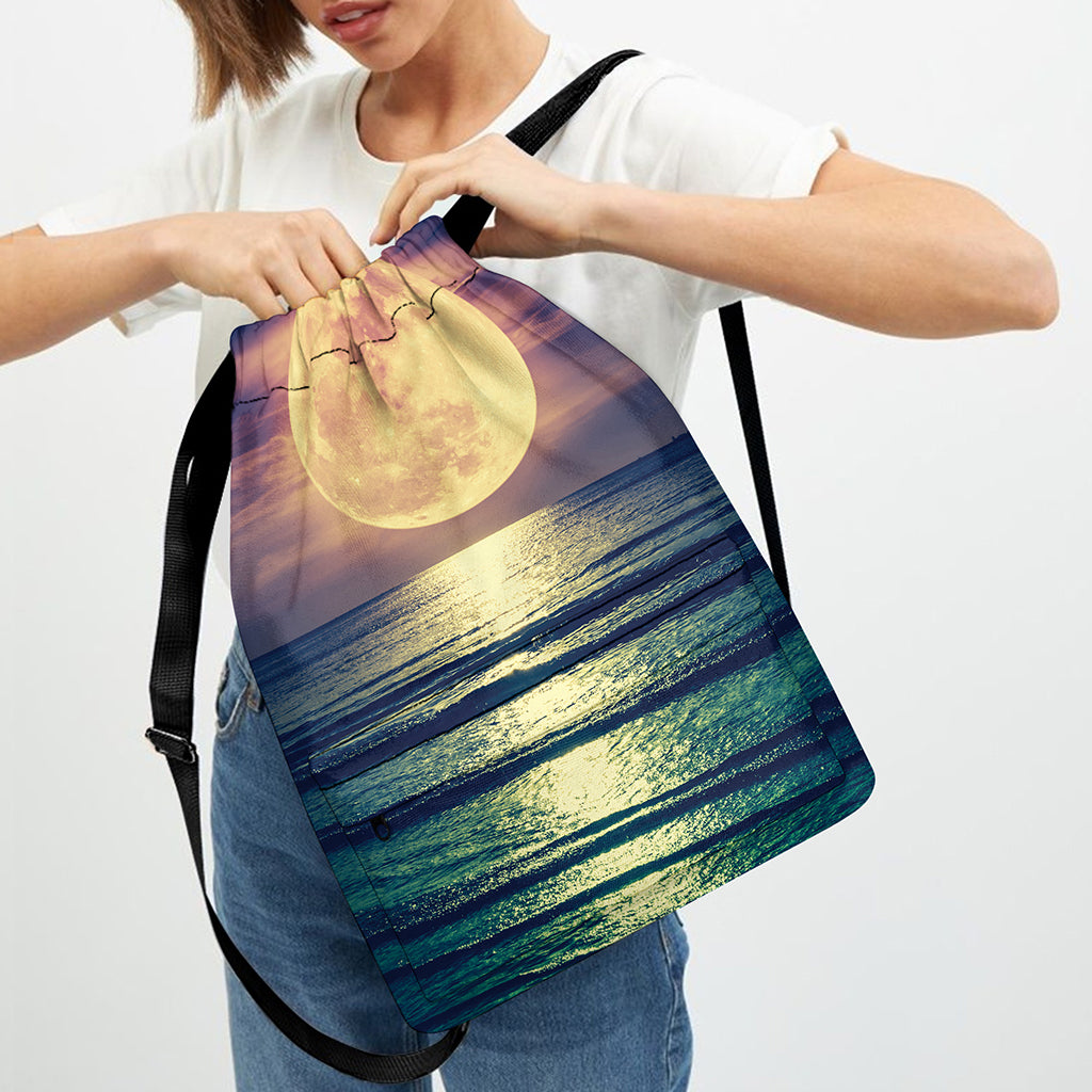 Moon Beach Print Drawstring Backpack