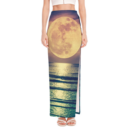 Moon Beach Print High Slit Maxi Skirt