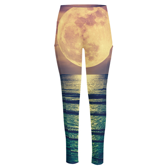 Moon Beach Print High-Waisted Pocket Leggings