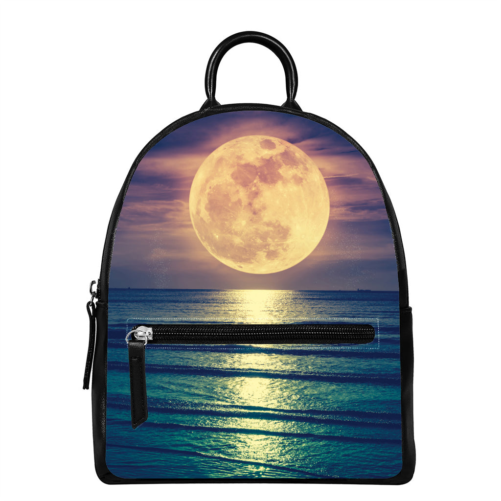 Moon Beach Print Leather Backpack