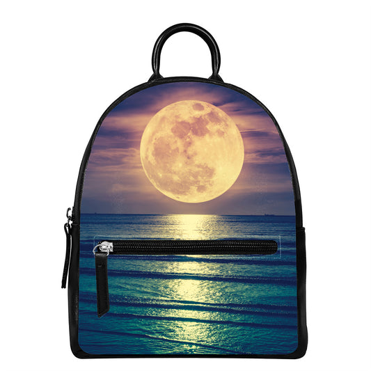 Moon Beach Print Leather Backpack