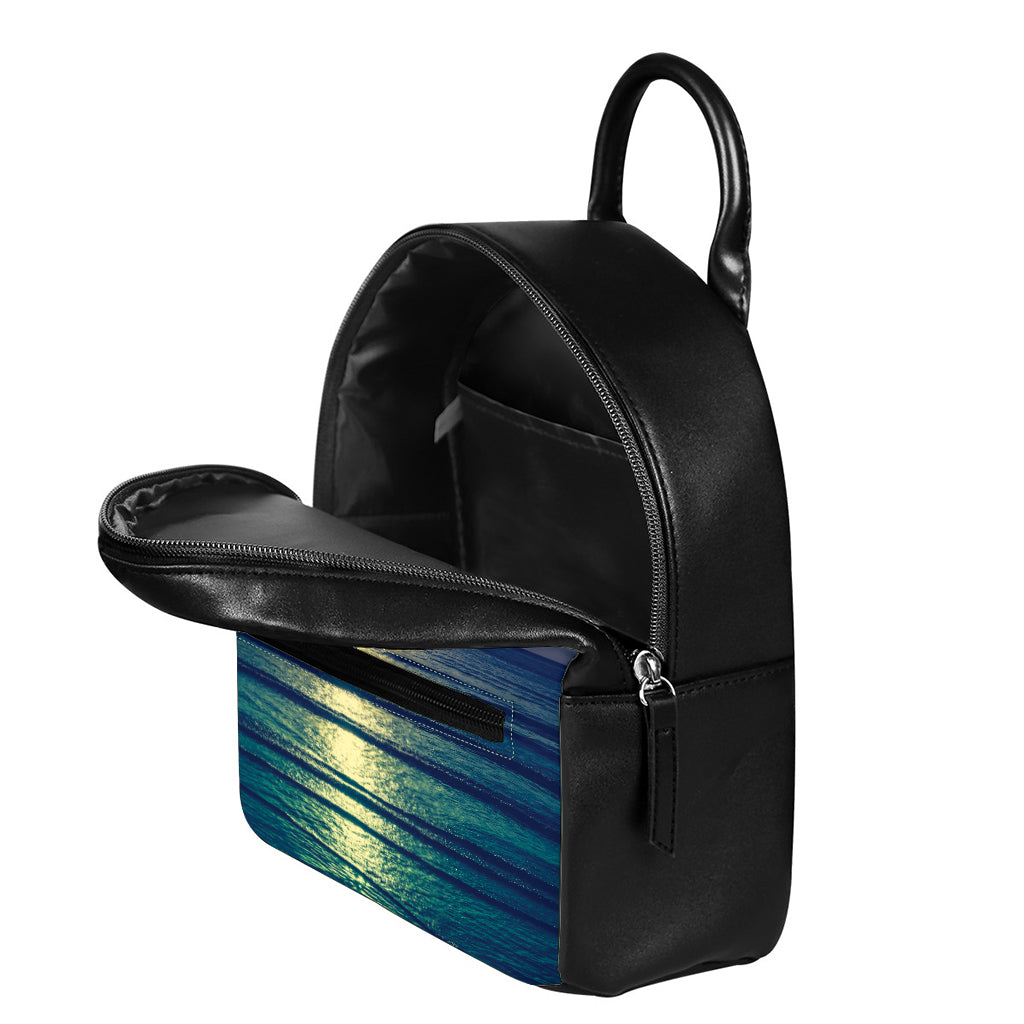 Moon Beach Print Leather Backpack