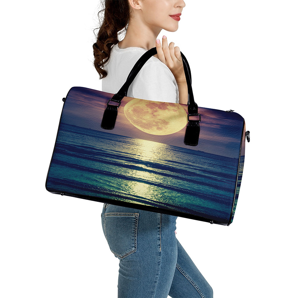 Moon Beach Print Leather Duffle Bag