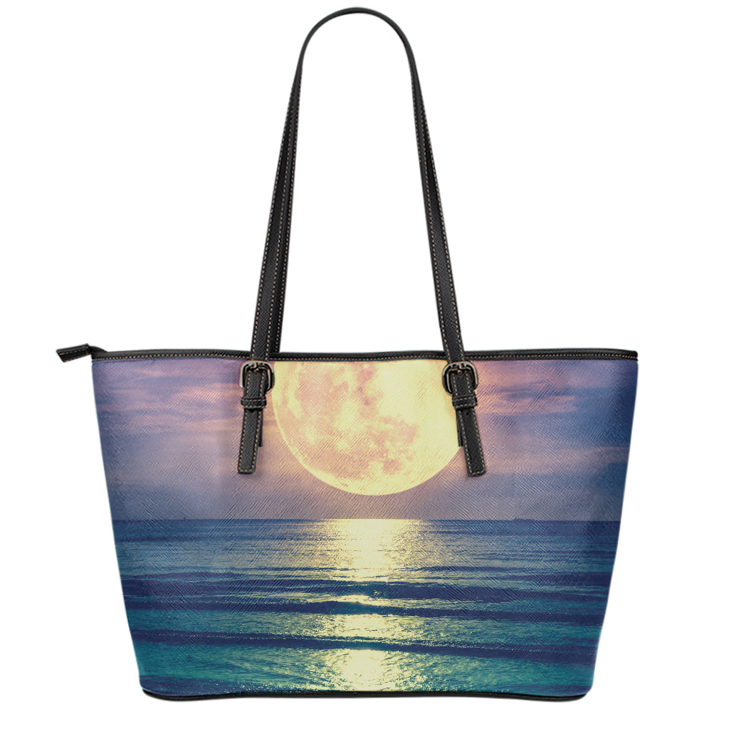 Moon Beach Print Leather Tote Bag