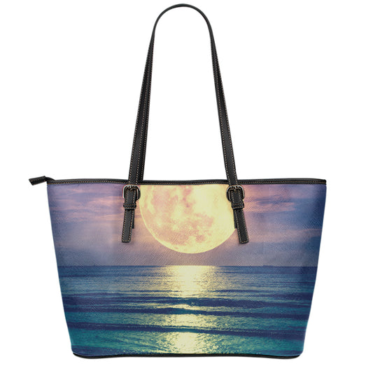 Moon Beach Print Leather Tote Bag