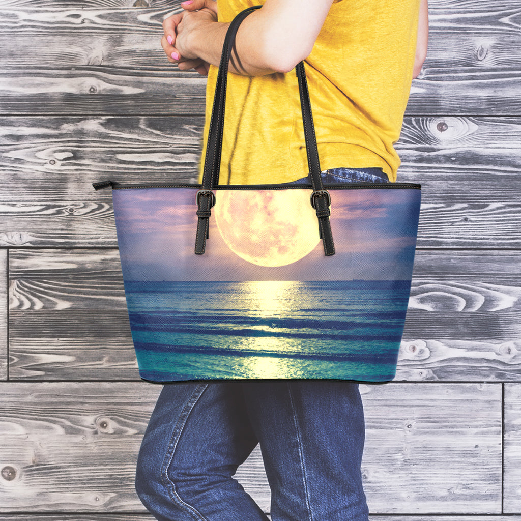 Moon Beach Print Leather Tote Bag